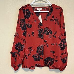 NWT Studio B Bobeau Red Black Floral Ruffle Sleeve V-Neck Blouse Top Size Medium